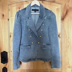 Boston Proper Denim Jacket Puff Sleeve Double Breasted Old Money Preppy Blazer L